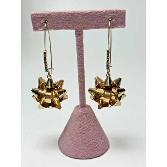Betsey Johnson Rhinestone Christmas Gift Bow Present Dangle Earrings Gold Tone - Picture 3 of 3